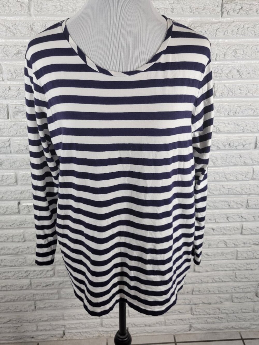Anne Klein Striped Tee 2X Blue White Crew Neck Long Zip Sleeve Top STR78XE